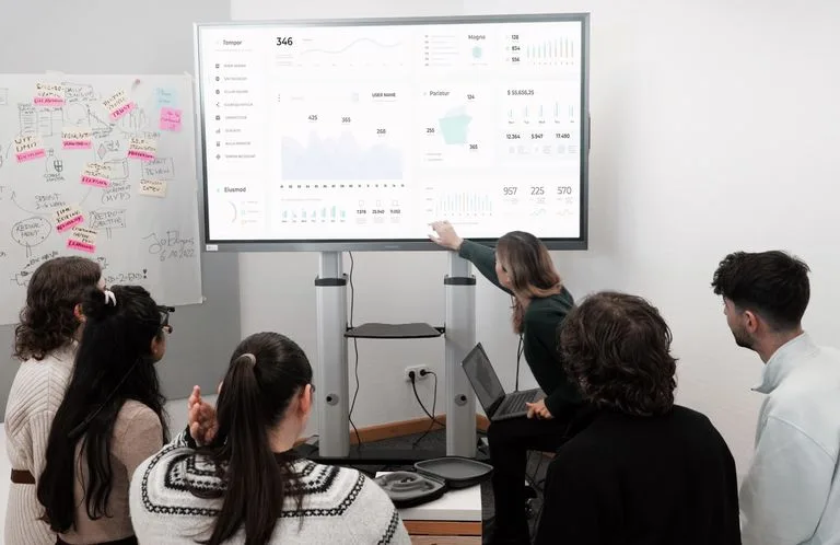 Équipe examinant un tableau de bord de gestion affiché à l'écran