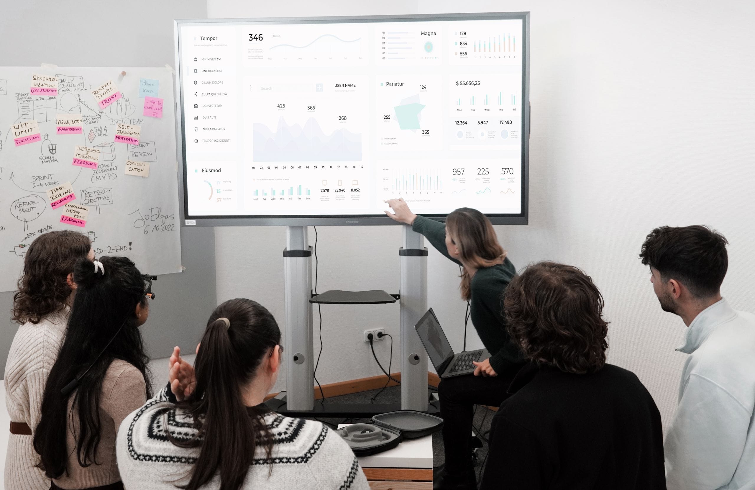 Équipe examinant un tableau de bord de gestion affiché à l'écran